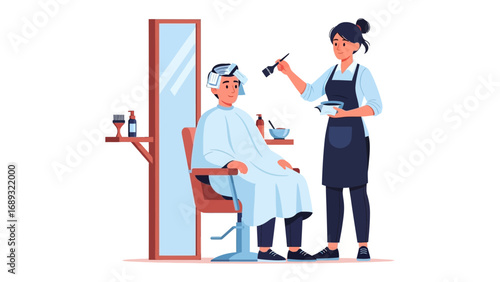 Stylist with tools carefully styles client s hair in a salon with a mirror and products