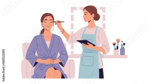 Professional makeup artist applying eyeshadow to a seated woman in a spa or salon setting