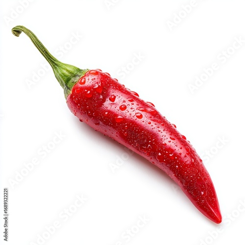 A vibrant red chili pepper glistens with water droplets, evoking a sense of freshness and spice