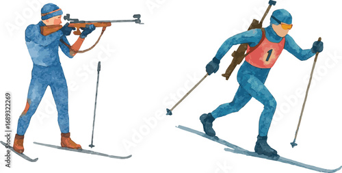 Collection of watercolor painted illustrations of biathlon sportsmen
