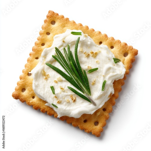 Delicious cracker topped with creamy cheese and garnished with fresh rosemary