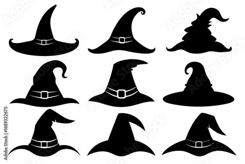 set of Halloween witch hat black silhouette, Set of different witch hats vector