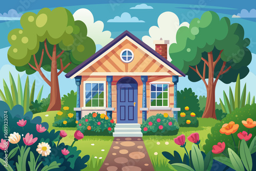 house and flowers