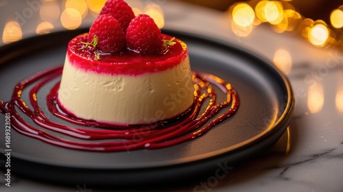 Premium vanilla panna cotta dessert with vibrant raspberry coulis and fresh berries on elegant dark plate in restaurant setting with warm bokeh lighting