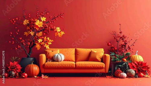 an inviting living room decorated with autumn foliage and pumpkins with an orange couch