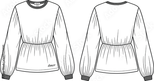 Stylish long sleeve top technical sketch with gathered waist, cuffed hem, Amor logo detail, fashion CAD drawing vector illustration