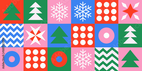 Retro geometric christmas pattern with trees snowflakes and dots in bold colors