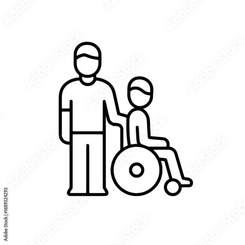 Caregiver Assisting Person in Wheelchair Icon Disability Support and Inclusive Healthcare Line Art Vector