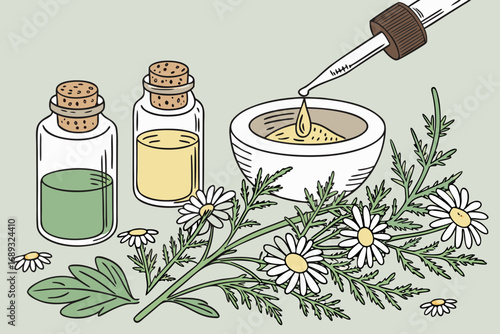Botanical vector illustration of herbal essential oils with chamomile flowers
