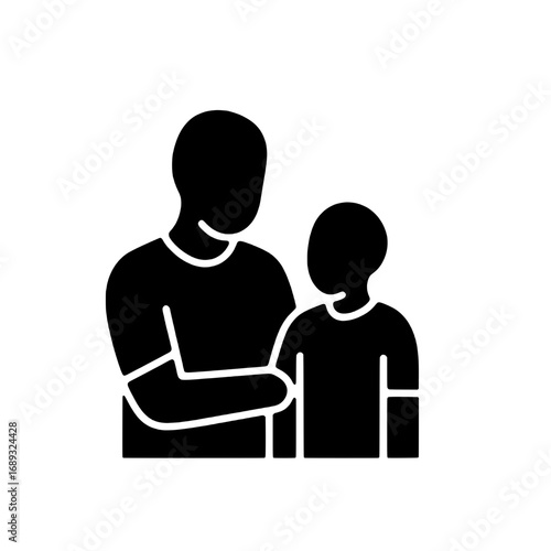 Black glyph icon of a caring parent with an arm around a child, symbolizing family support and guidance