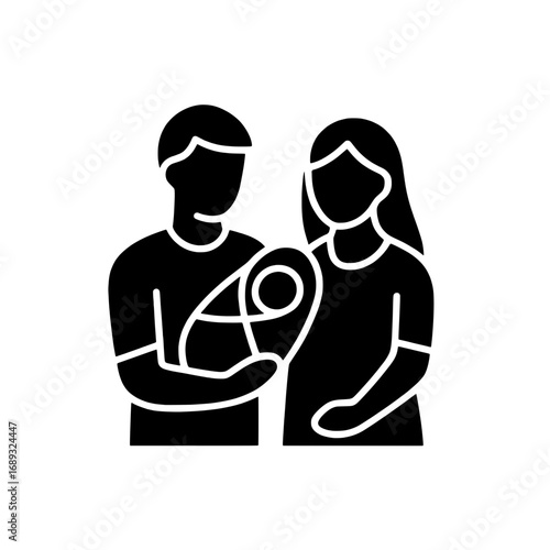 Young couple becoming parents with a newborn baby black glyph icon. Man and woman holding a swaddled infant, symbol of family life