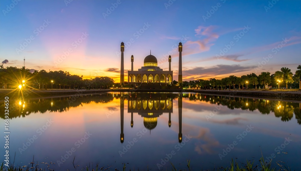 Obraz premium Mosque reflected in tranquil water at sunset