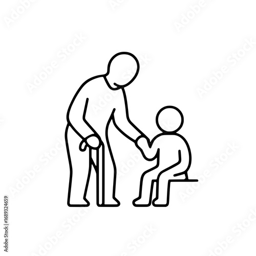 Elderly person with a cane caring for a child, intergenerational relationship simple line icon