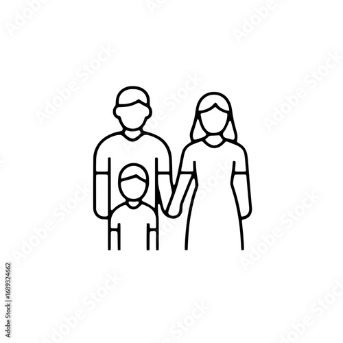 Outline family icon of a man, woman, and child representing parenthood and togetherness