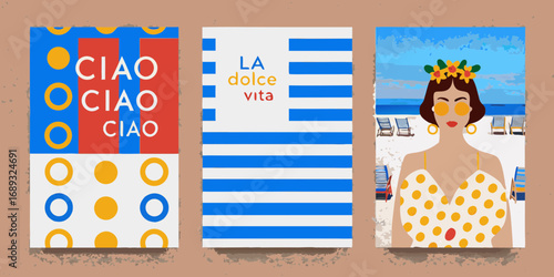 Collection of italian themed graphic art posters featuring ciao and la dolce vita with beach scene