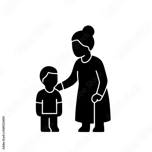Grandmother with grandson black glyph icon. Elderly person caring for a child, family generations concept symbol