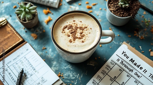 Humorous wish card for surviving the first workweek with a coffee cup calendar and messy desk featuring the words Congrats You Made It Through Week One in fun casual fonts