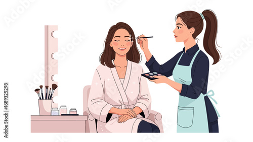 Professional makeup artist applying cosmetics to a smiling woman in a beauty salon setting
