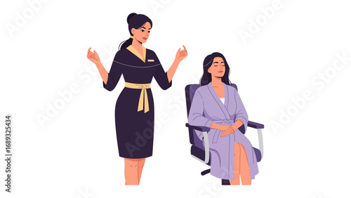 Professional stylist consults with client seated in salon chair discussing hair treatment options