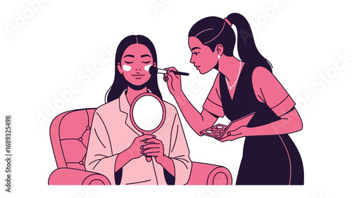 Professional makeup artist applying foundation to a client s face with a brush while holding a mirror