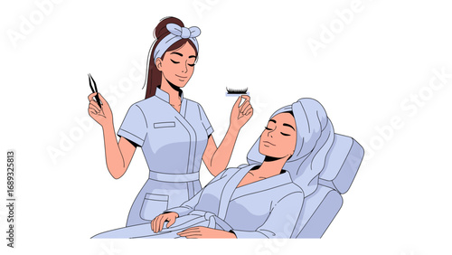 Skilled aesthetician applying eyelash extensions to relaxed client in spa setting