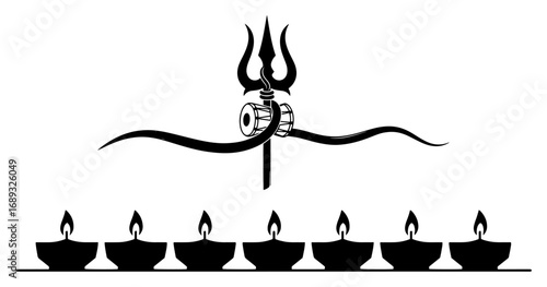 Shiva trident damaru and diya row silhouette