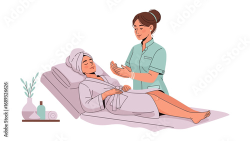Skilled aesthetician gently performs a relaxing facial treatment on a client in a spa setting