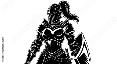 Black and white illustration of a female knight in full armor holding a shield