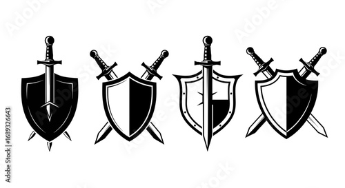 Collection of stylized medieval shields and swords in black and white