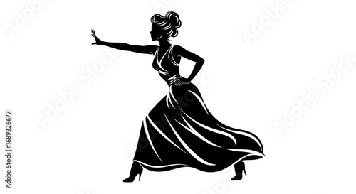 Elegant silhouette of a woman in a flowing dress with hand raised