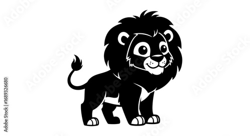 Cute cartoon black lion with a big mane and tail