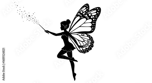 Silhouette of a fairy with butterfly wings holding a magic wand and creating sparkles