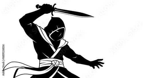 Mysterious hooded figure with a sword in action pose