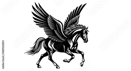 Majestic black pegasus horse with large wings in motion