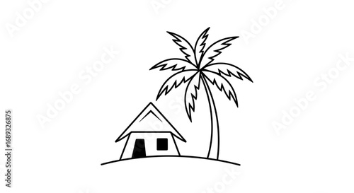 Simple line drawing of a tropical hut and palm tree on a white background