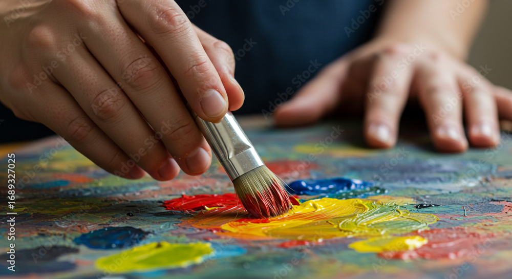 Obraz premium Artist's hand expertly mixes vibrant colors on palette, creating a masterpiece with focused intent.