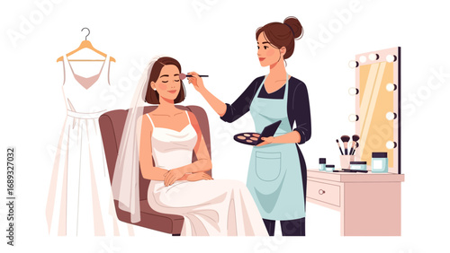 Bride receiving professional makeup application before wedding ceremony in a brightly lit dressing room