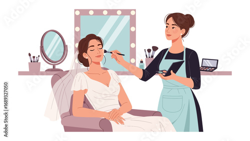 Professional makeup artist applying elegant makeup to a bride in a well lit beauty salon setting
