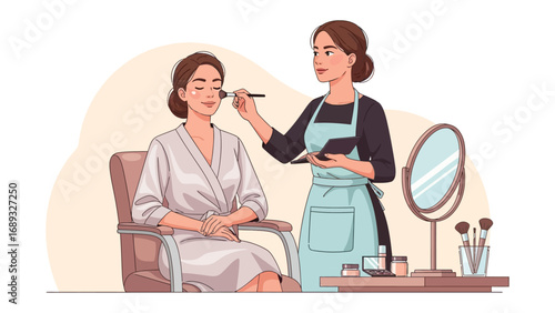 Professional makeup artist applying cosmetics to a woman s face in a beauty salon setting