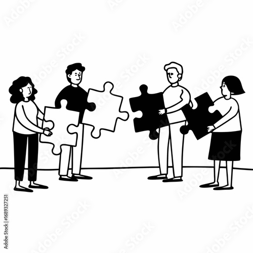 People connecting puzzle pieces together in a collaborative effort to solve a complex problem task team work