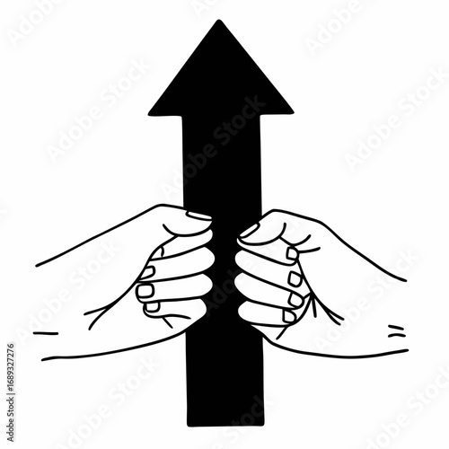 Two hands holding a black arrow pointing upwards in a white background simple line art illustration style