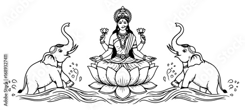 Lakshmi seated on lotus with elephants outline vector illustration