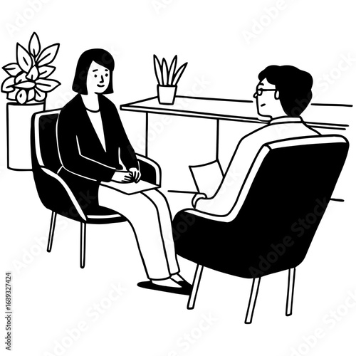 Woman in suit and man with glasses sitting in chairs having a discussion in a bright room setting