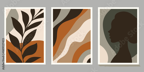 Abstract mid century modern triptych with silhouette of woman and botanical leaf art