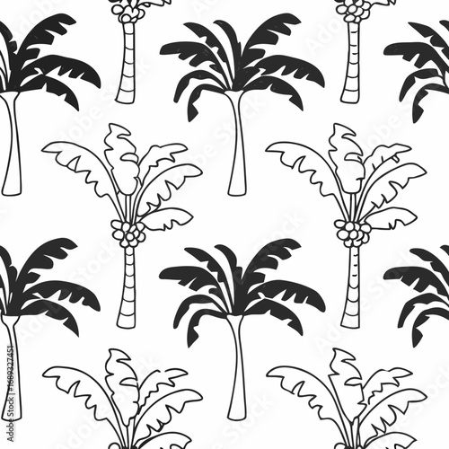 Seamless pattern featuring black and white palm trees with varying styles and orientations on a white background