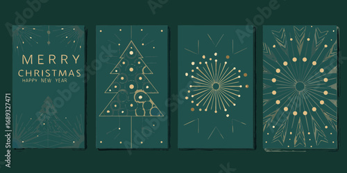 Elegant art deco style christmas and new year greeting cards with gold accents on teal background