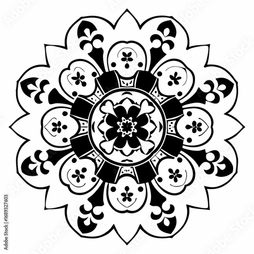 A symmetrical black and white floral mandala with intricate petal and leaf designs in a circular pattern
