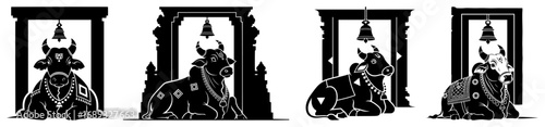 Decorated holy cow Nandi in a temple frame vector silhouette collection set