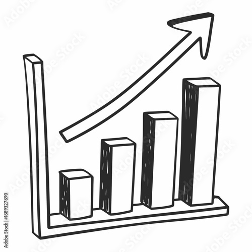 Hand drawn bar chart with arrow indicating upward trend and positive growth in black and white color scheme