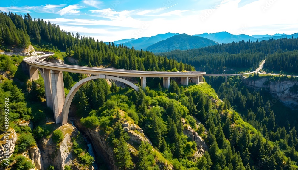 Fototapeta premium Aerial view of a concrete bridge spanning a lush green valley with dense forest and distant mountains.